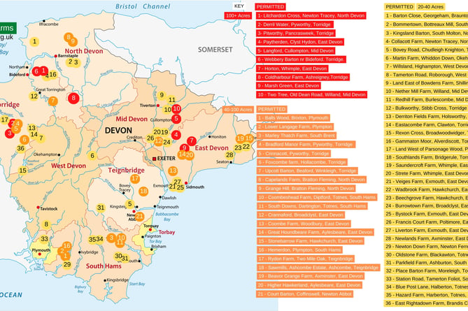 CPRE MAP of Devon Solar Farms 20-10+acres  