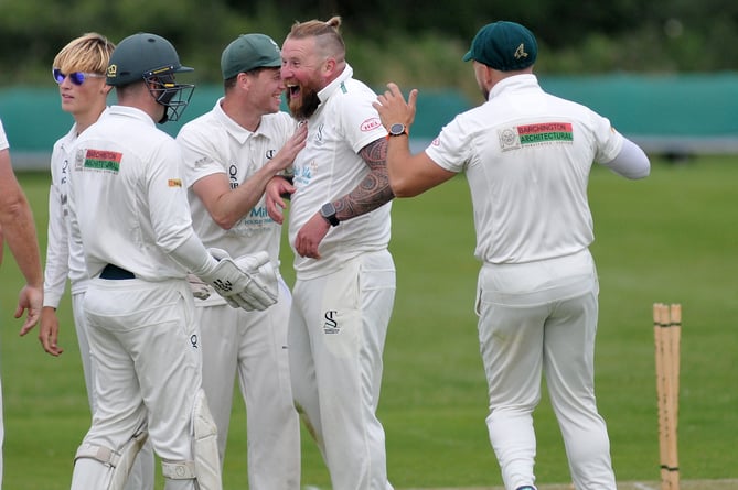 Devon Cricket League B  Division.Teignmouth and Shaldon versus Barton. Happy days for   Ryan Bougourd as he celebrates taking  the wicket of  Barton's Adam Parker