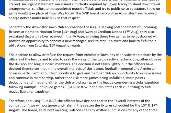 Peninsula League statement regarding Axminster Town AFC