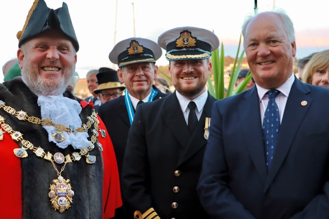 Mayor of Dartmouth Cllr David Wells, High Sheriff of Devon Commodore Jake Moores, commanding officer of Britannia Royal Naval College Captain Andrew Bray and Deputy Lieutenant of Devon Mark Dowie.