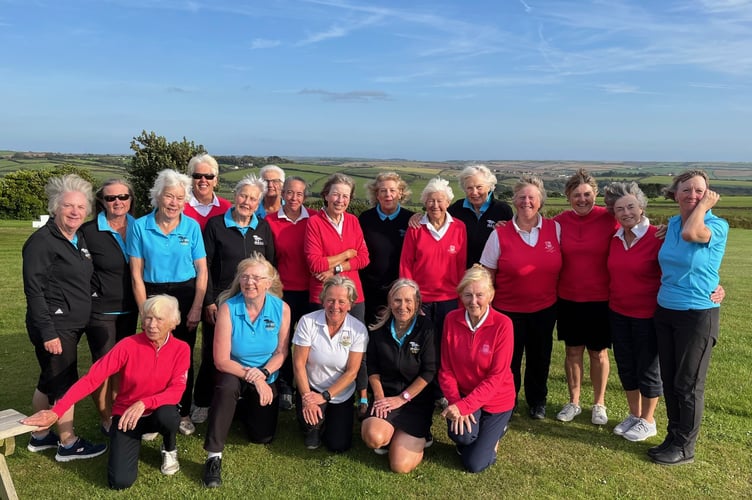 Ladies teams of Thurlestone (red jumpers) and Bigbury Ladies (black jumpers) after their matches at Bigbury