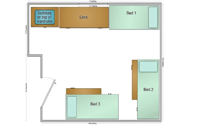 A plan of the dormitory at Blundell’s School, in which the incident took place.
