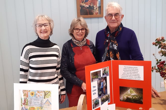 L to R: Rosemary Speed, Flo Stathers,Chair of KSHAC and Chris Stephens, Trustee of KCGarden, at the opening of their joint Exhibition “September Flowers”