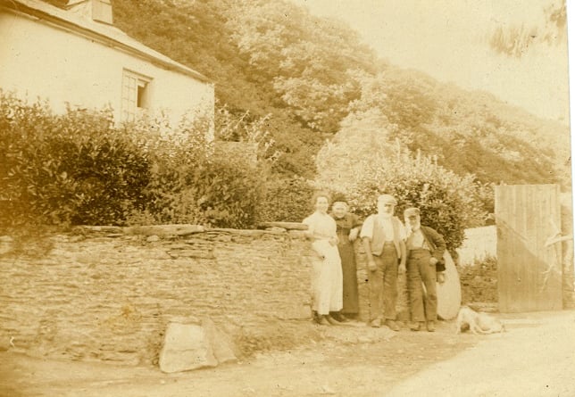 Group at gate around 1900, Loddiswell. 
Louisa Hambly in white dress, her mother Mrs Barons, Henry Hambly and possibly Mr Barons snr. Millstone against the wall behind group was still there up to 1946. 
Stones at foot of wall to save damage from carts in and out of the mill.