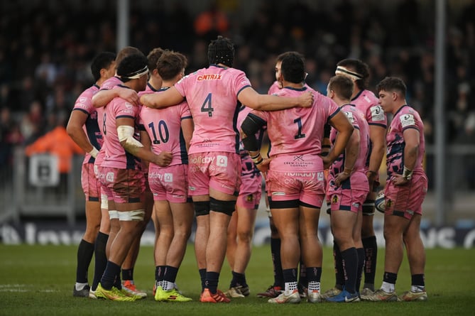 Exeter Chiefs forma huddle during their Champions Cup clash with Bordeaux-Begles at Sandy Park