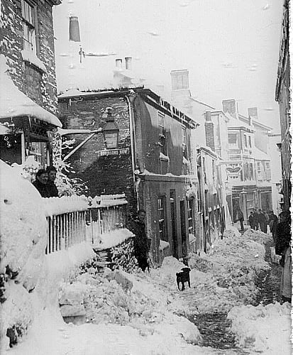 March 1891. Looking down Fore Street, Salcombe, from above Robinsons Row, during clearance of snow after the Great Blizzard.