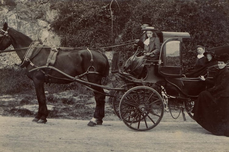 1880 -1900 The Soper family in a horse and carriage (belonging to Sopers of Kingsbridge, Family Outfitters).  Sopers shop was in Fore Street, next to the Town Hall.